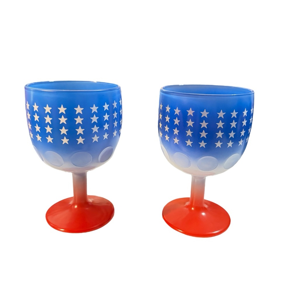 Vintage Pair of Blue & Red Thumbprint Goblets | Stars Patriotic Pressed Glass 6" - Picture 12 of 16